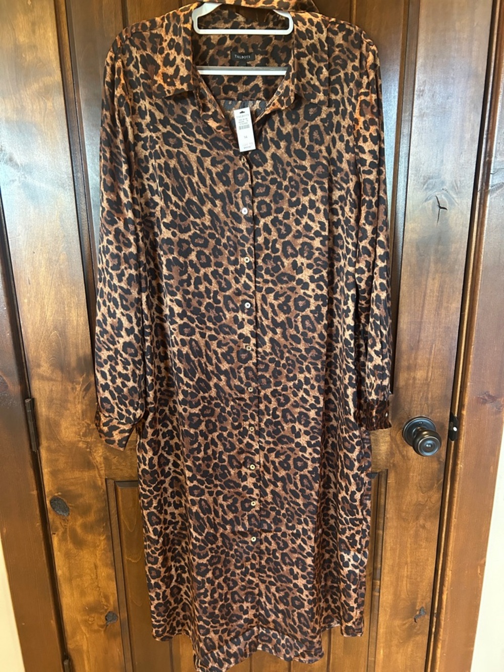Talbots Leopard Print Long Sleeve Button-Up Dress in Brown and Black